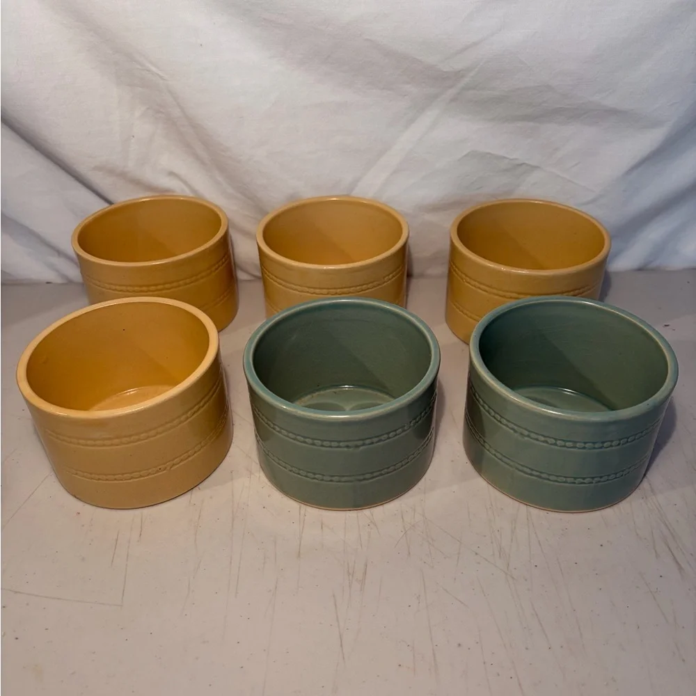 Vintage yellow ware,over and back Ramekins/crocks Sage Green & Warm mustard